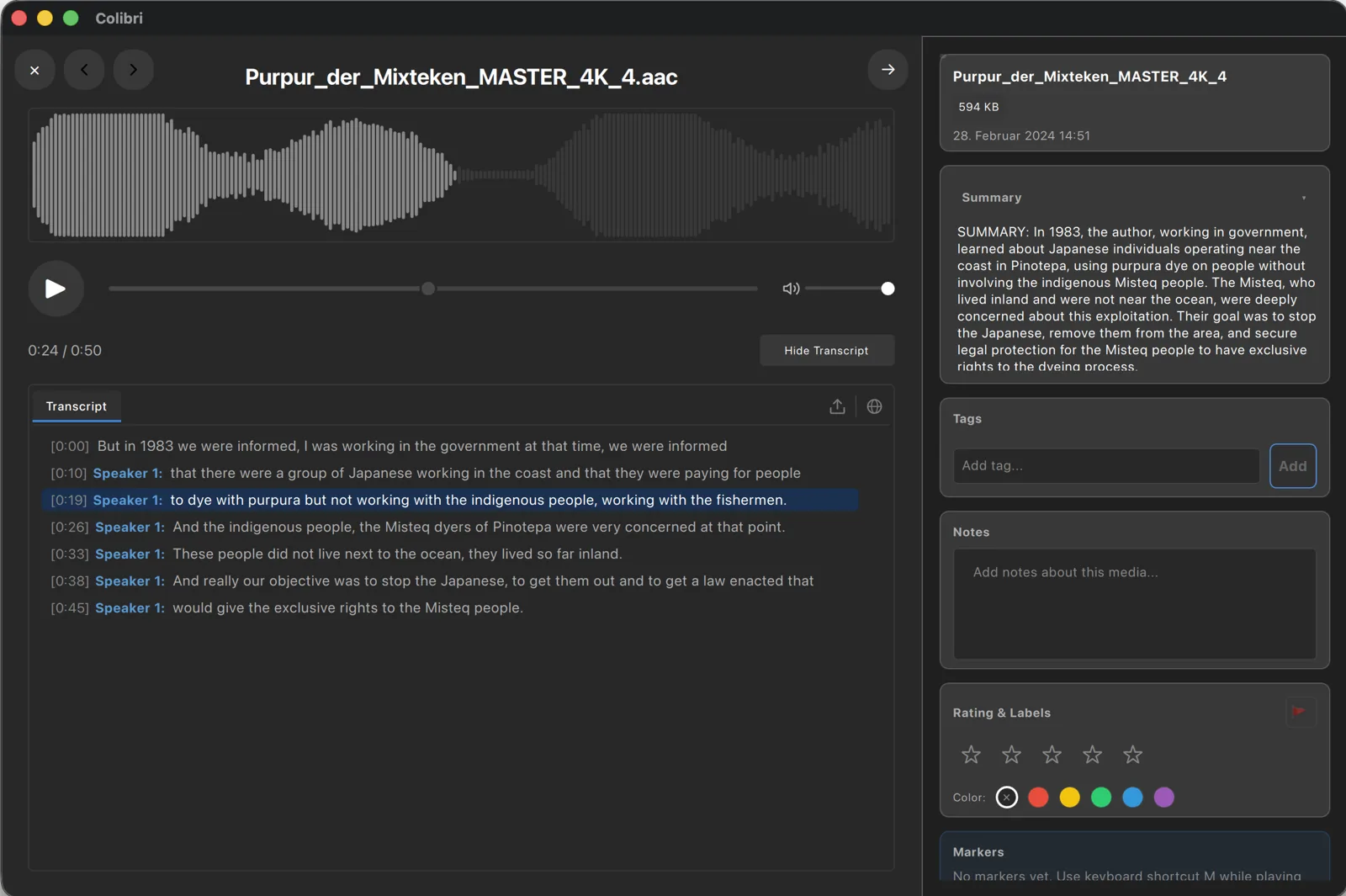 Audio analysis with waveform, transcript, timestamps