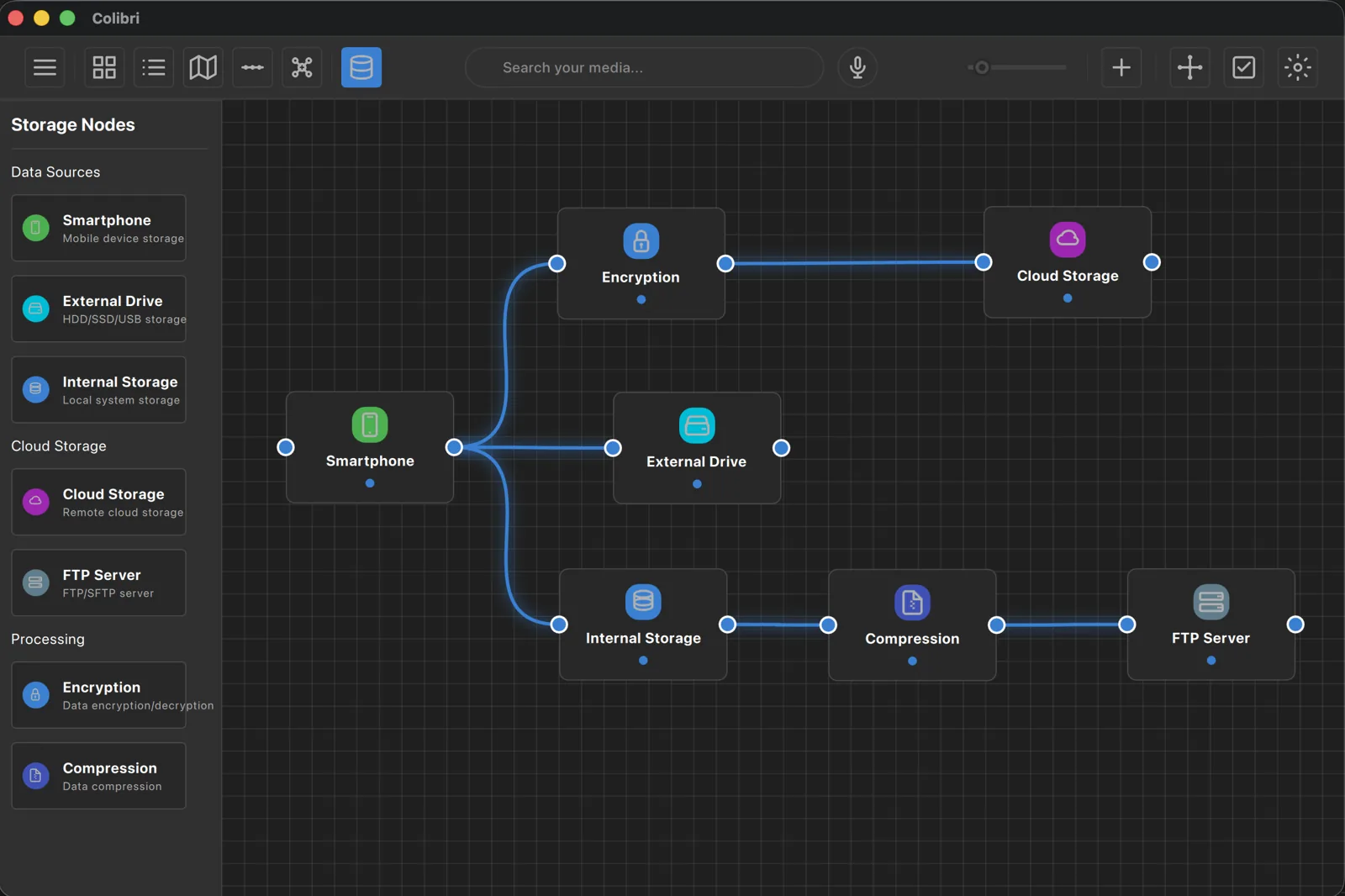 Node-based storage and backup workflow editor