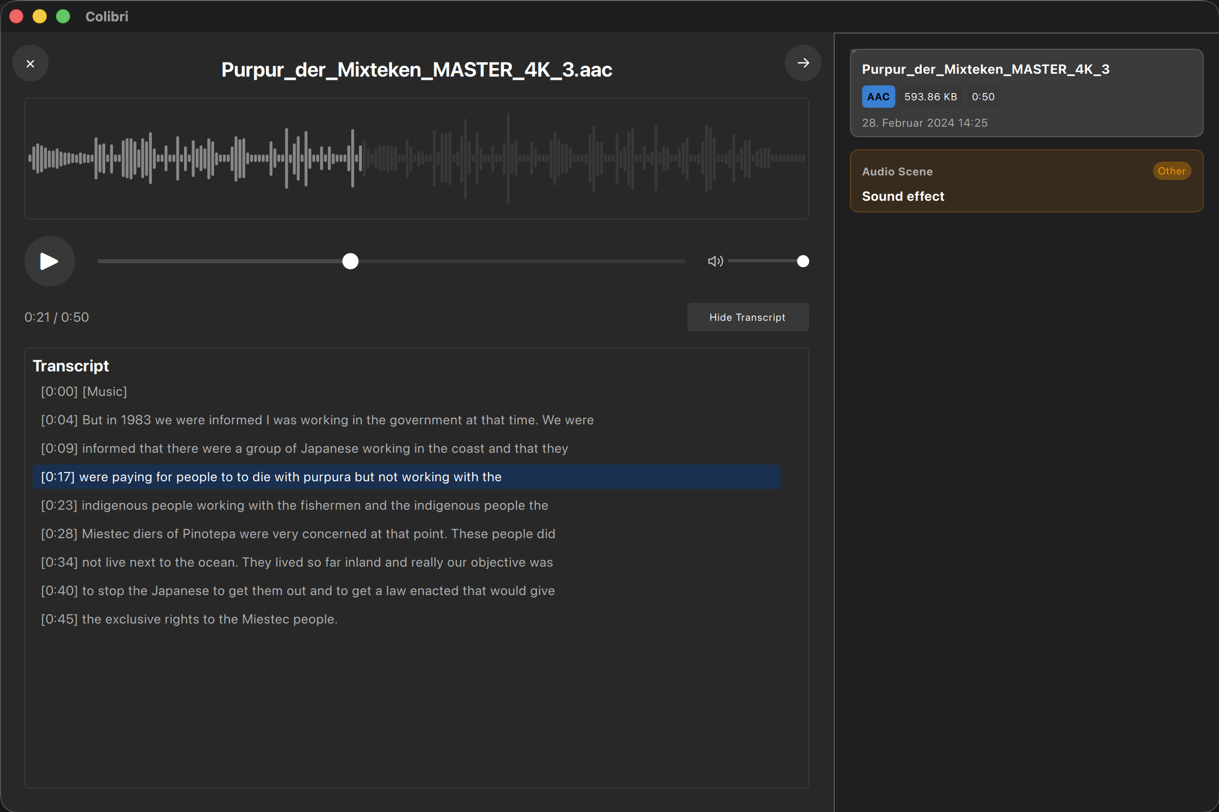 Audio analysis with waveform, transcript, timestamps