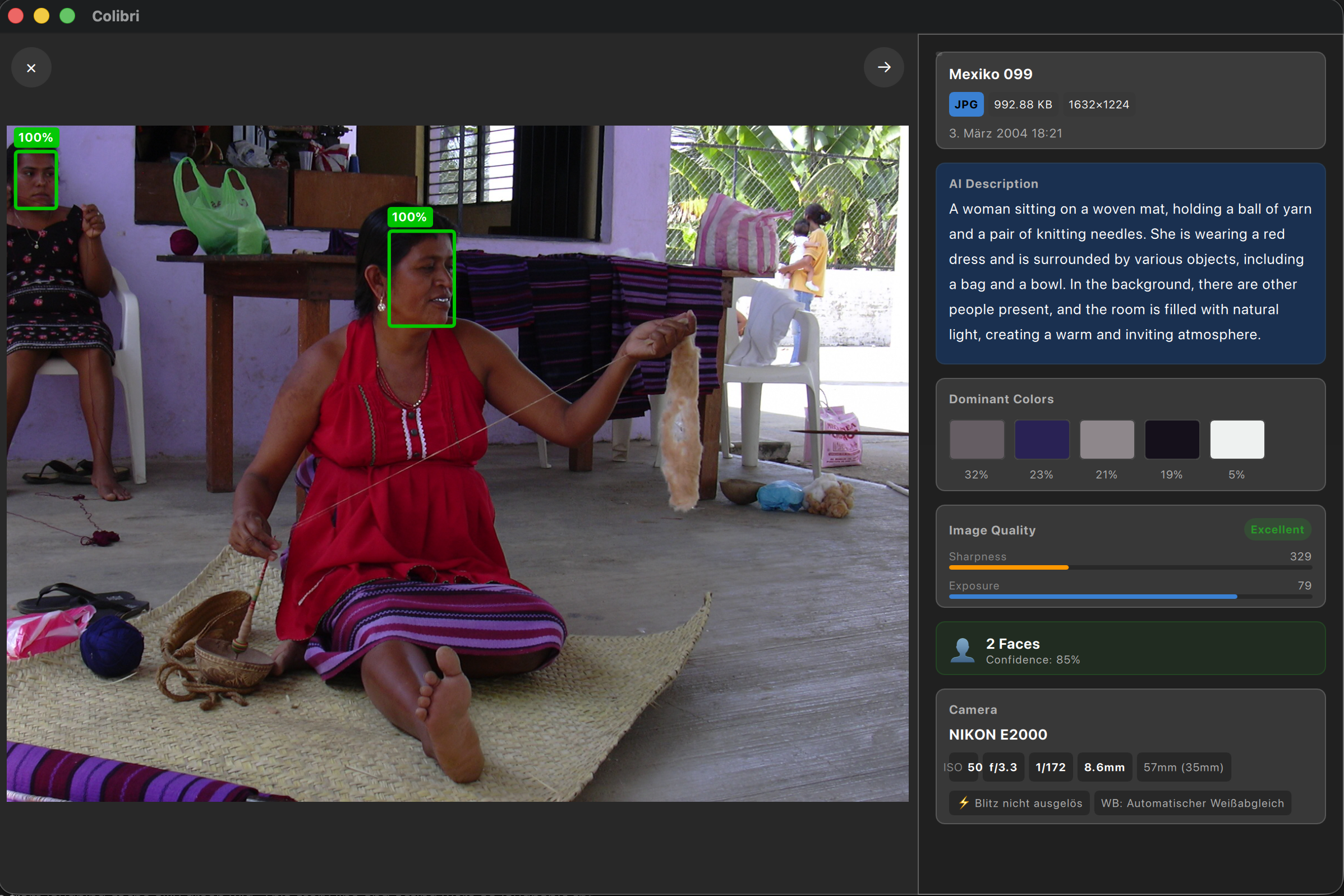 Image analysis with face recognition, AI description, quality scores