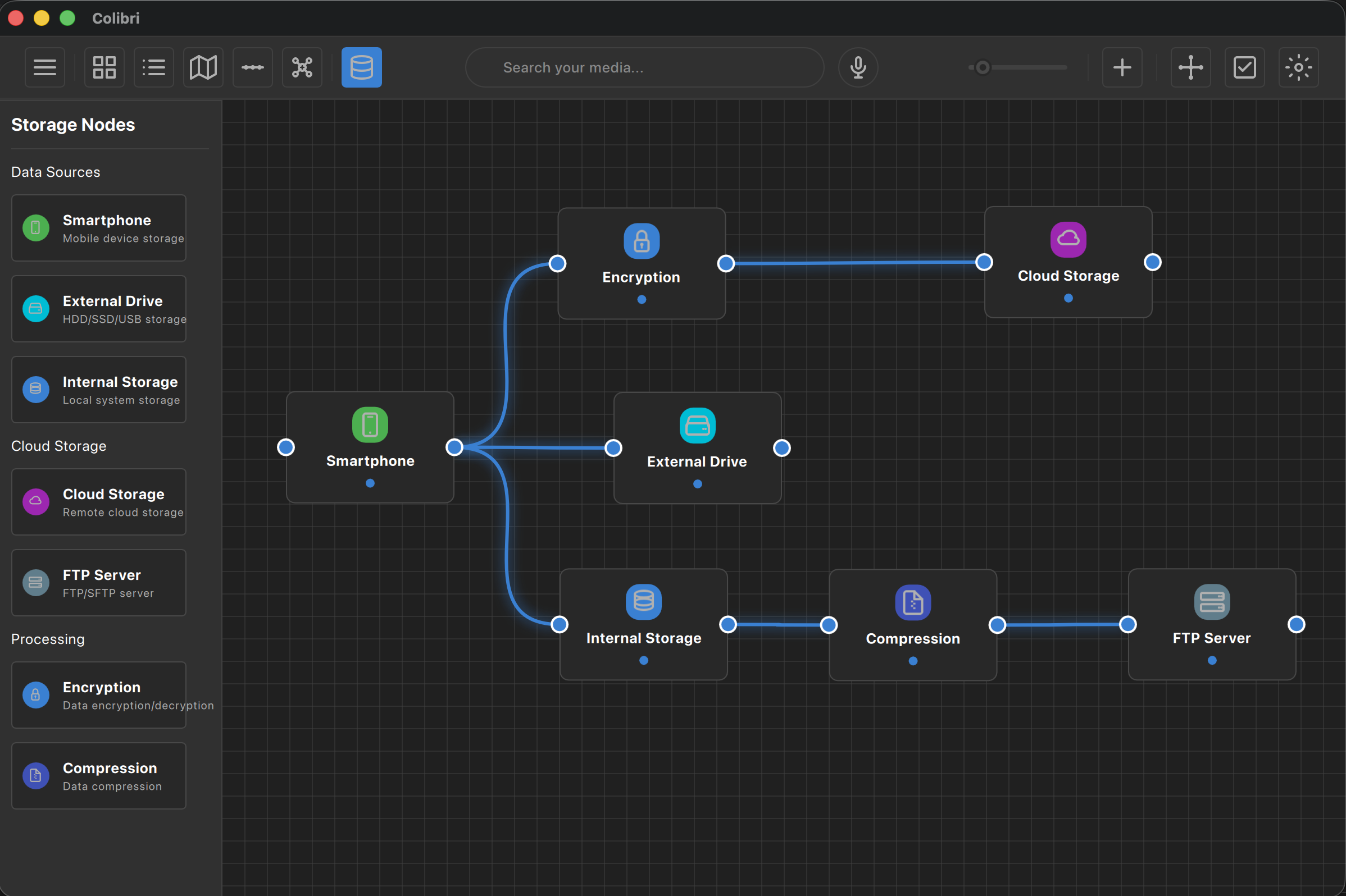 Node-based storage and backup workflow editor