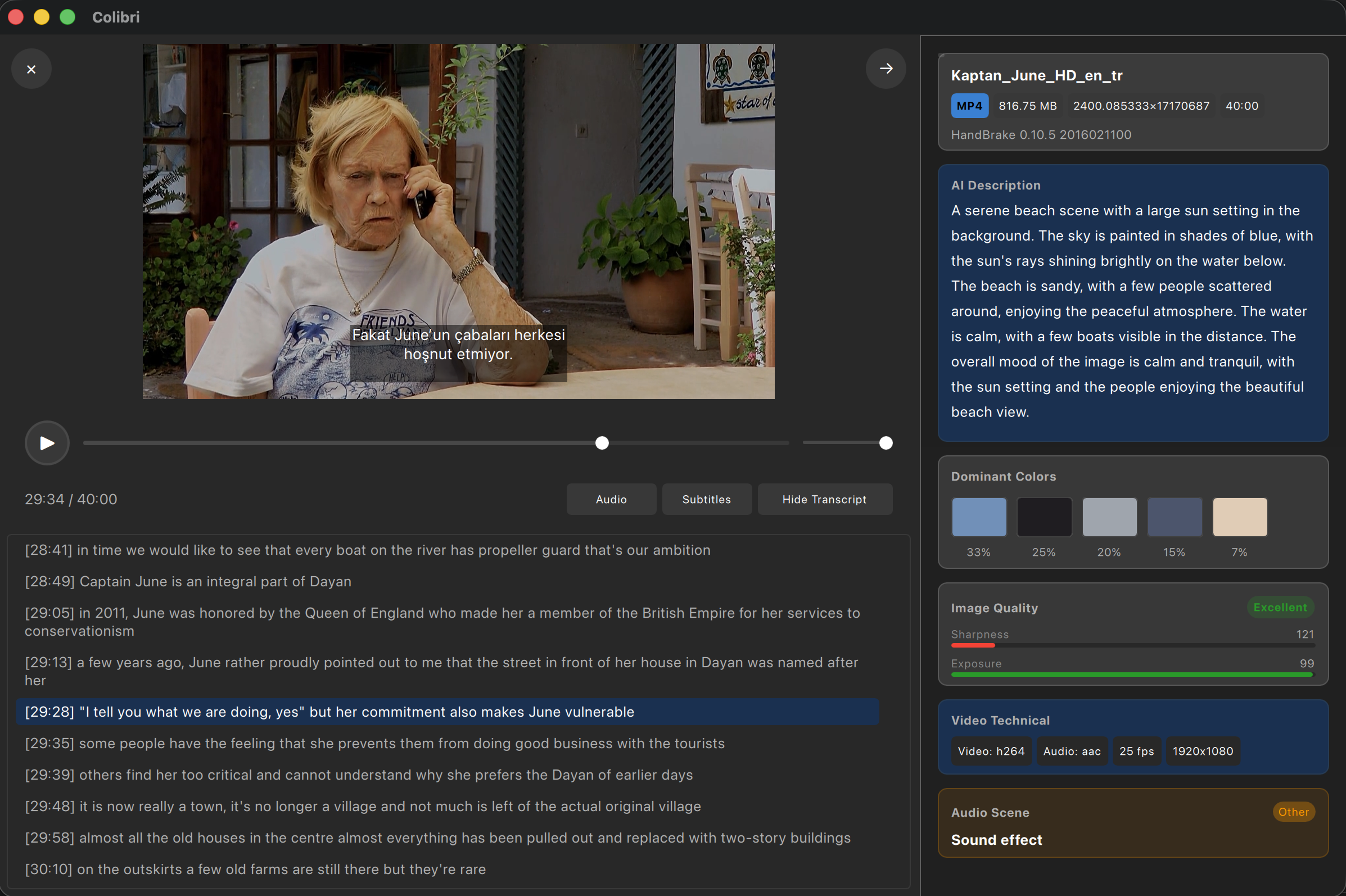 Video analysis with subtitles, transcript, scene breakdown